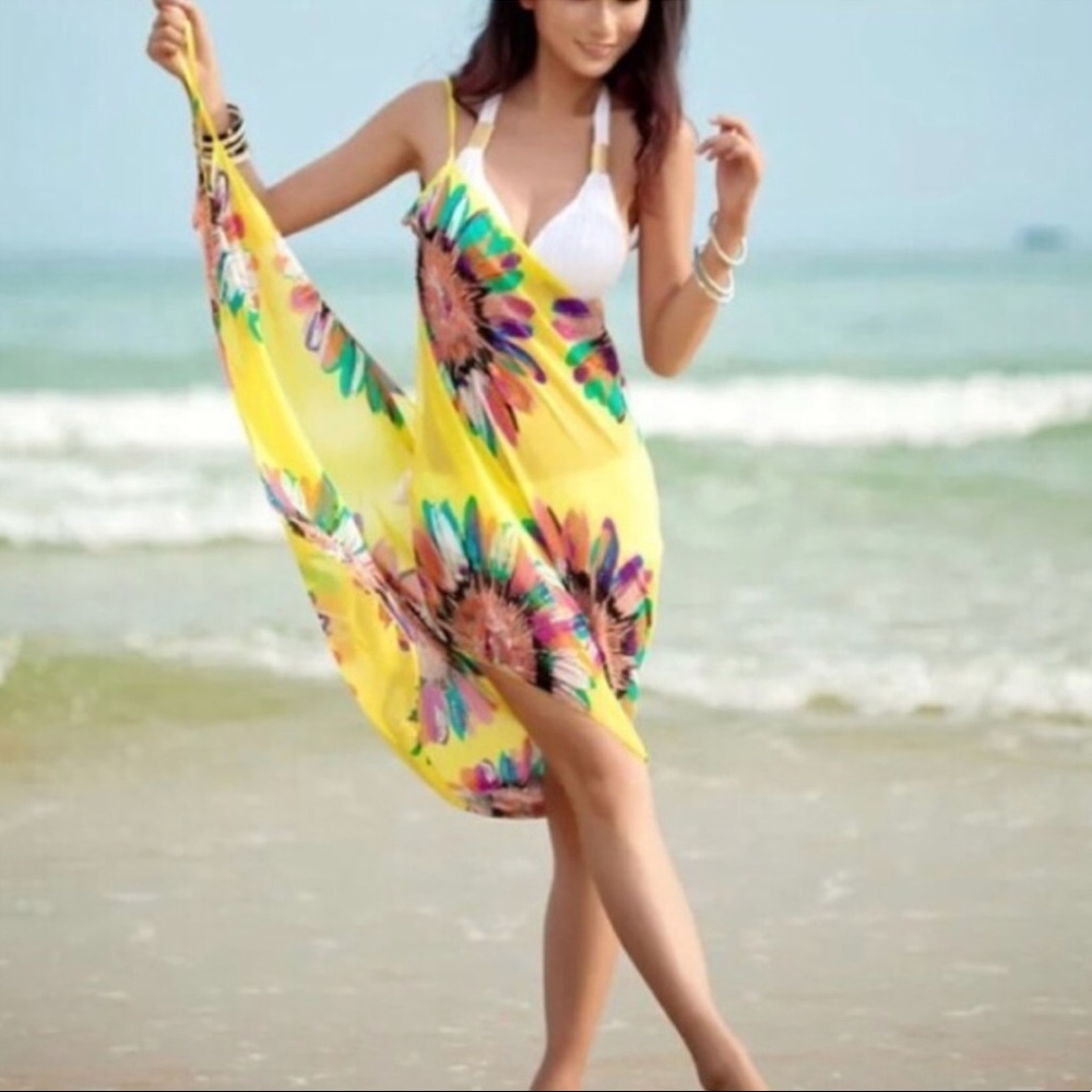 YELLOW BEACH cover up bathing suit wrap DRESS swim - Picture 2 of 2